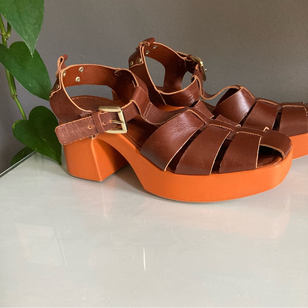 Free People Brown Leather Platform Sandals with Orange Soles - Picture 2 of 7